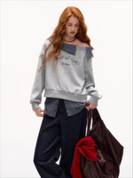 Plaid Embroidery Off-Shoulder Sweatshirt