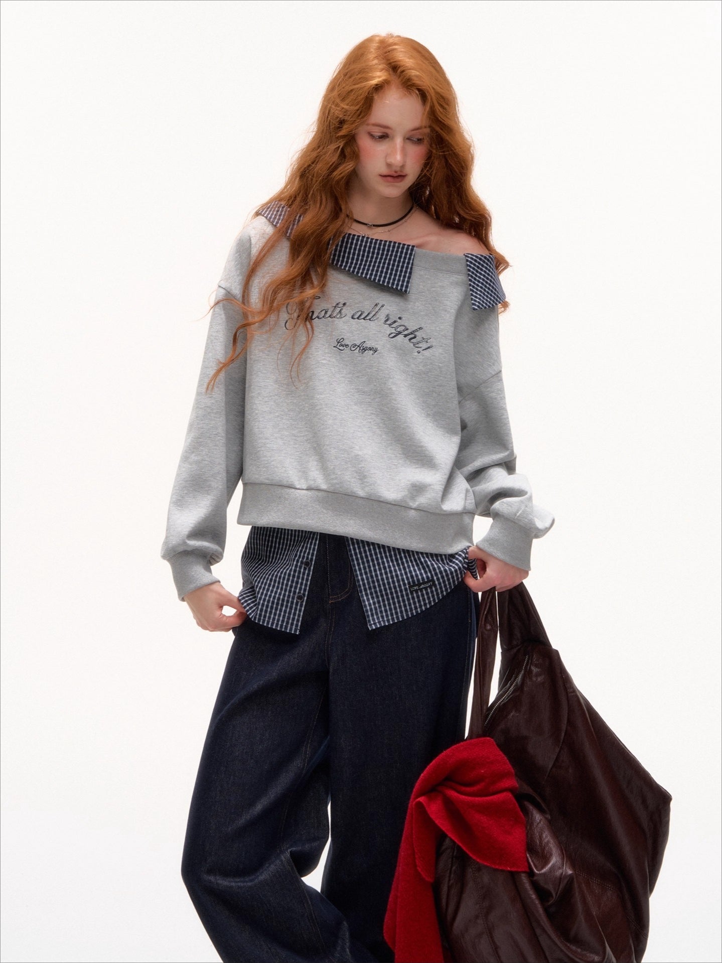 Plaid Embroidery Off-Shoulder Sweatshirt