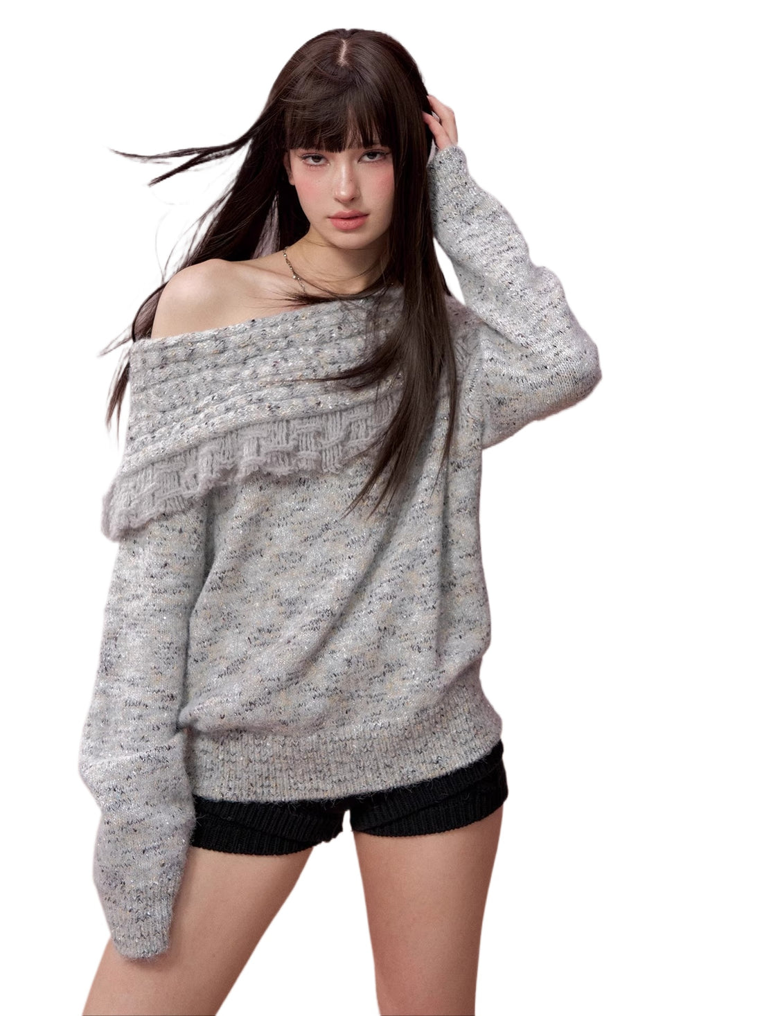 Fringed Off-shoulder Wool Sweater &amp; Scarf Set