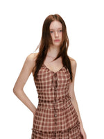 Vintage Brown Plaid Halter Maxi Dress