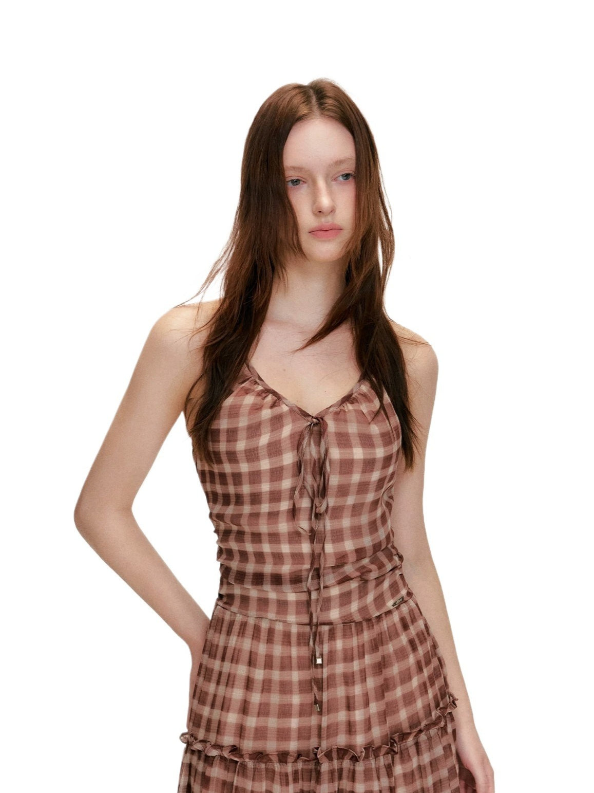 Vintage Brown Plaid Halter Maxi Dress