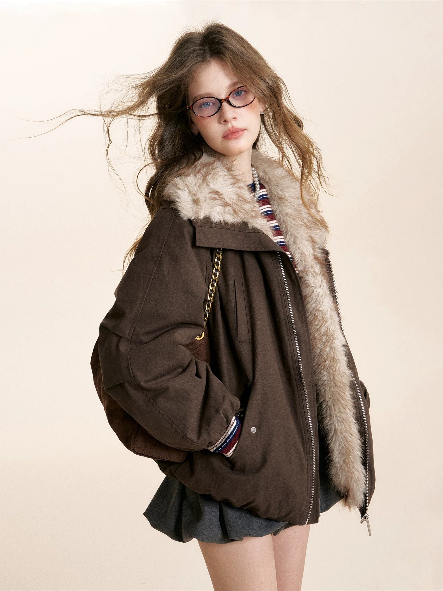 Brown &amp; White Fur Collar Parka Jacket