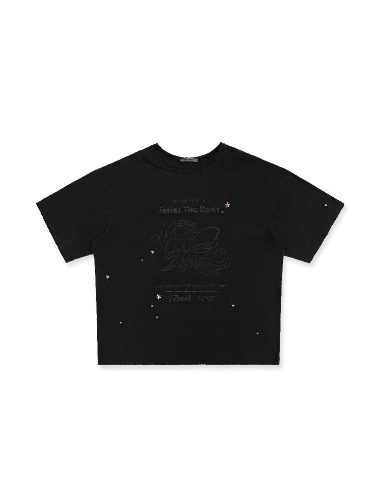 Bow Tie Patchwork Irregular Rhinestone Decoration T-shirt