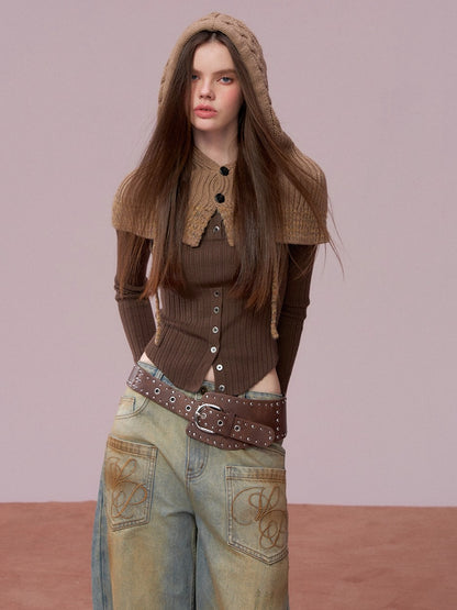 Ribbed Button Waist Knit T-shirt