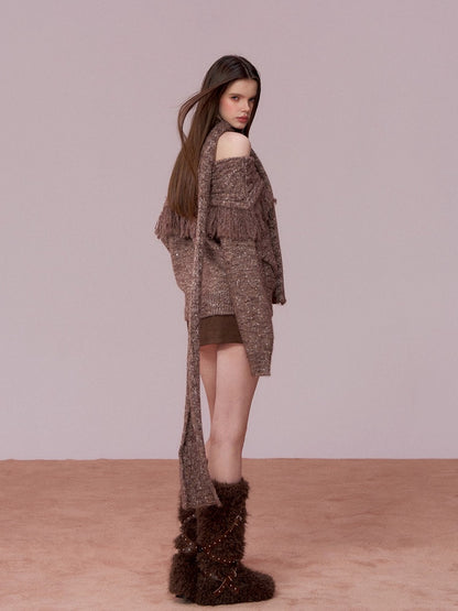 Fringed Off-shoulder Wool Sweater &amp; Scarf Set