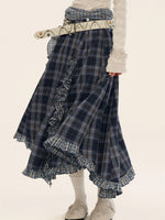 Asymmetric Ruffle Plaid Midi Skirt