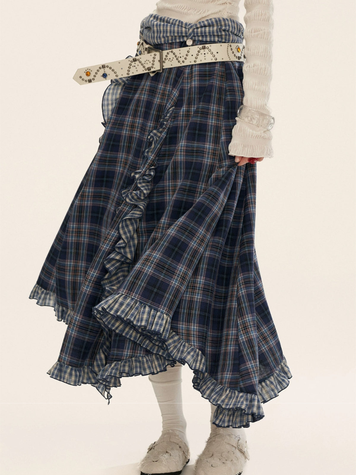 Asymmetric Ruffle Plaid Midi Skirt