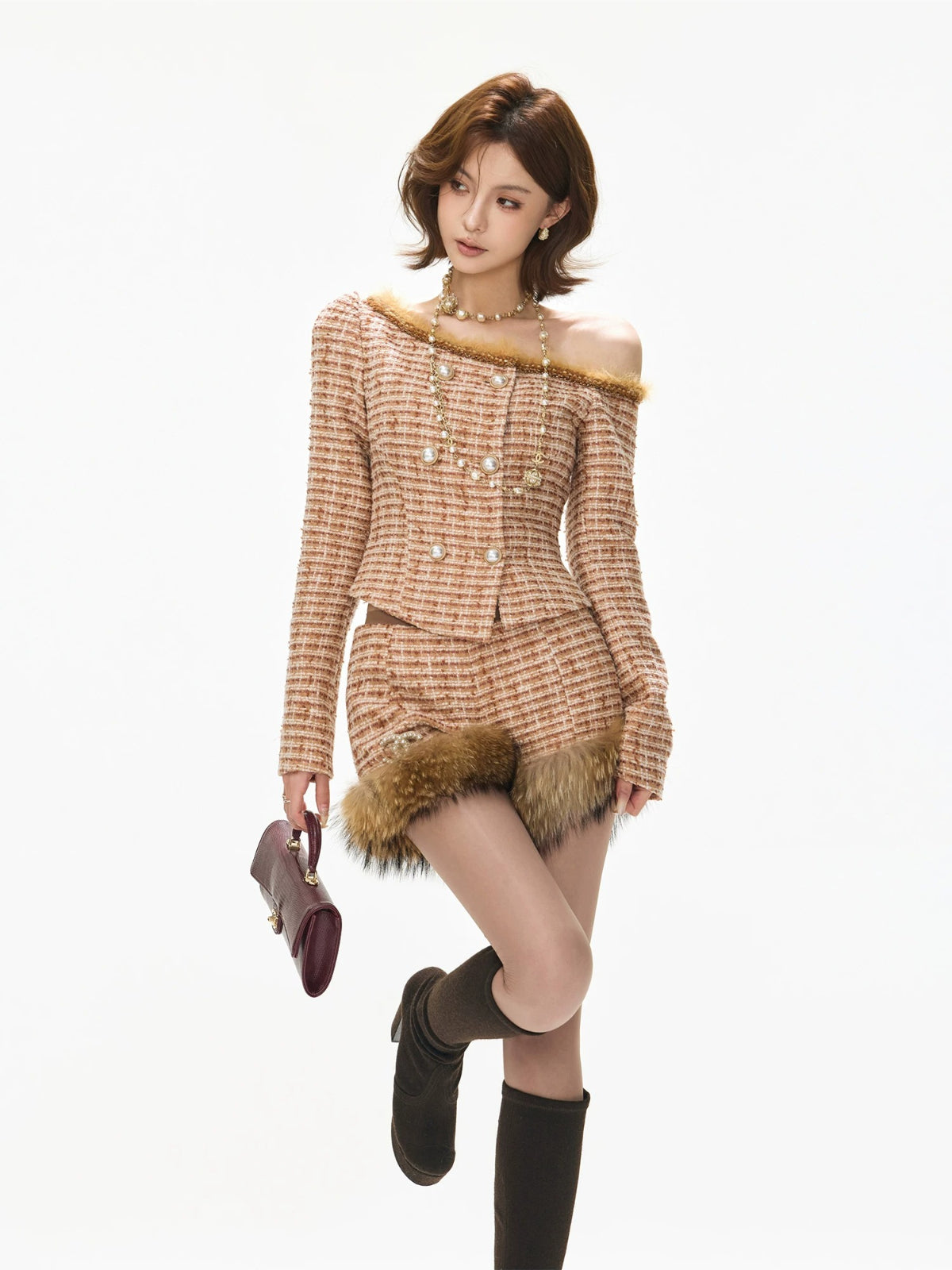 Tweed Trim Asymmetric Jacket &amp; Shorts Set
