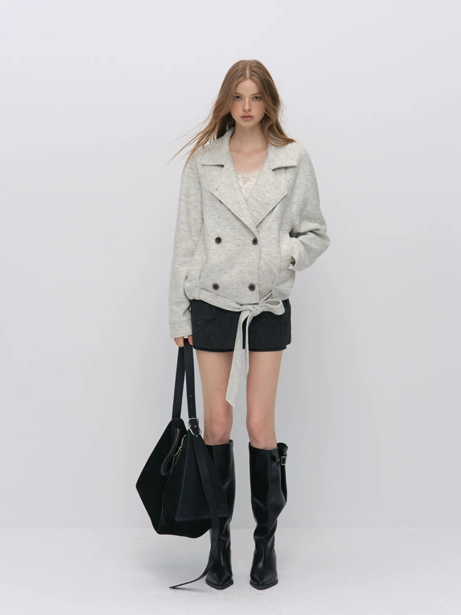 Cropped Wool-Blend Wrap Coat