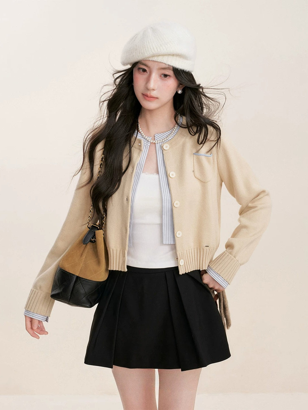 Apricot Contrast Layered Cardigan