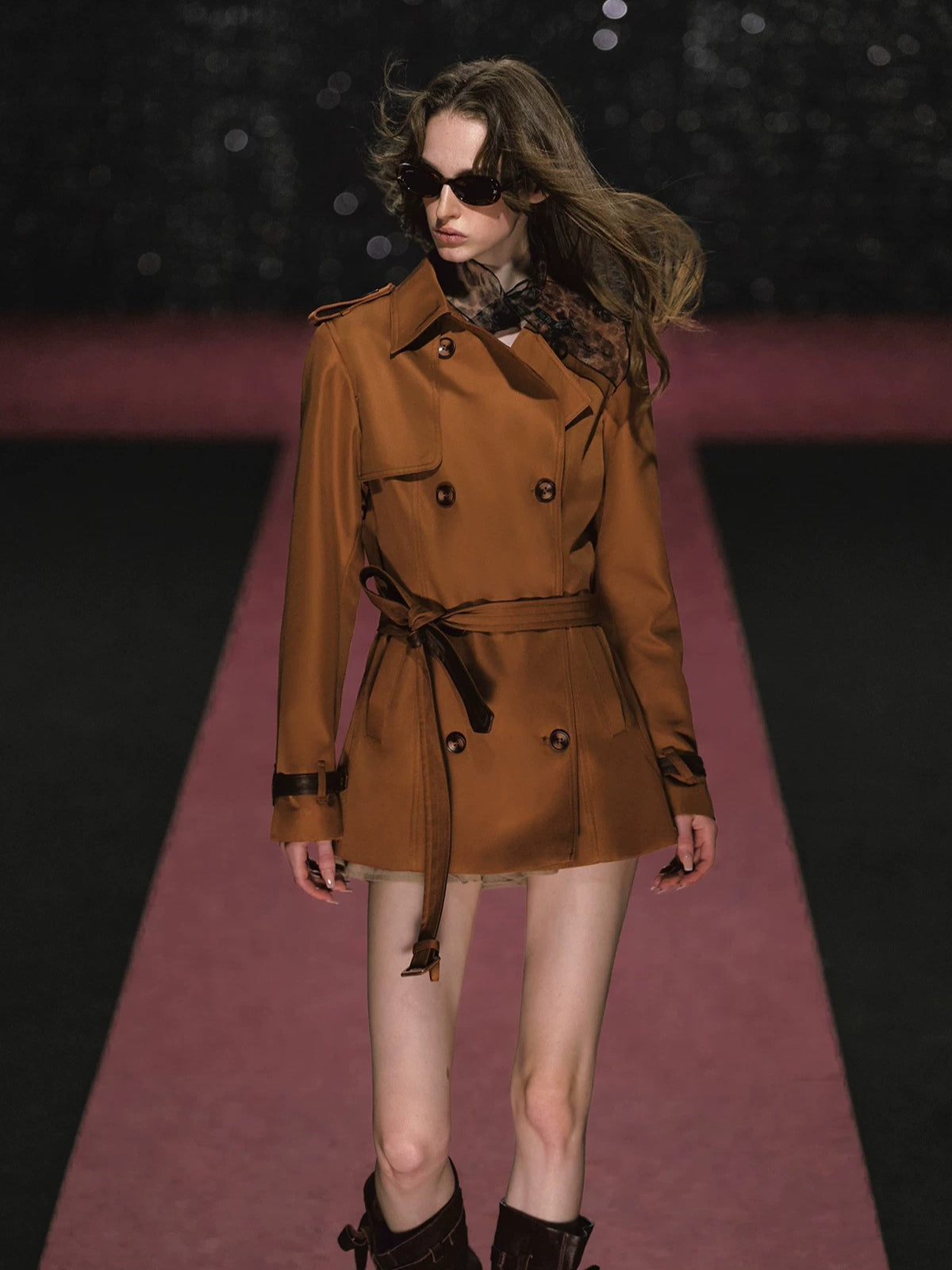 Double Breasted Cinched Waist Trench Coat