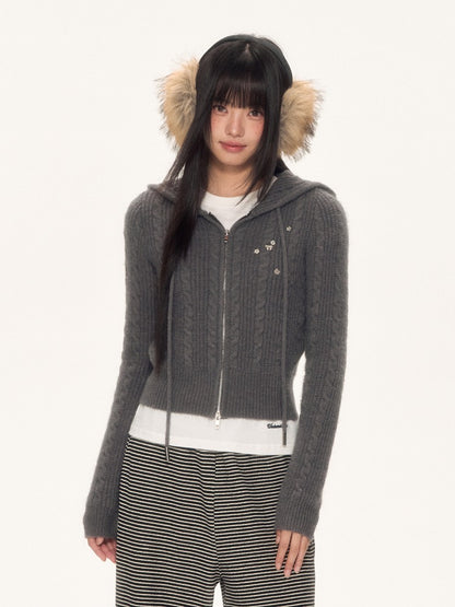 Grey Cat-Ear Knit Hoodie