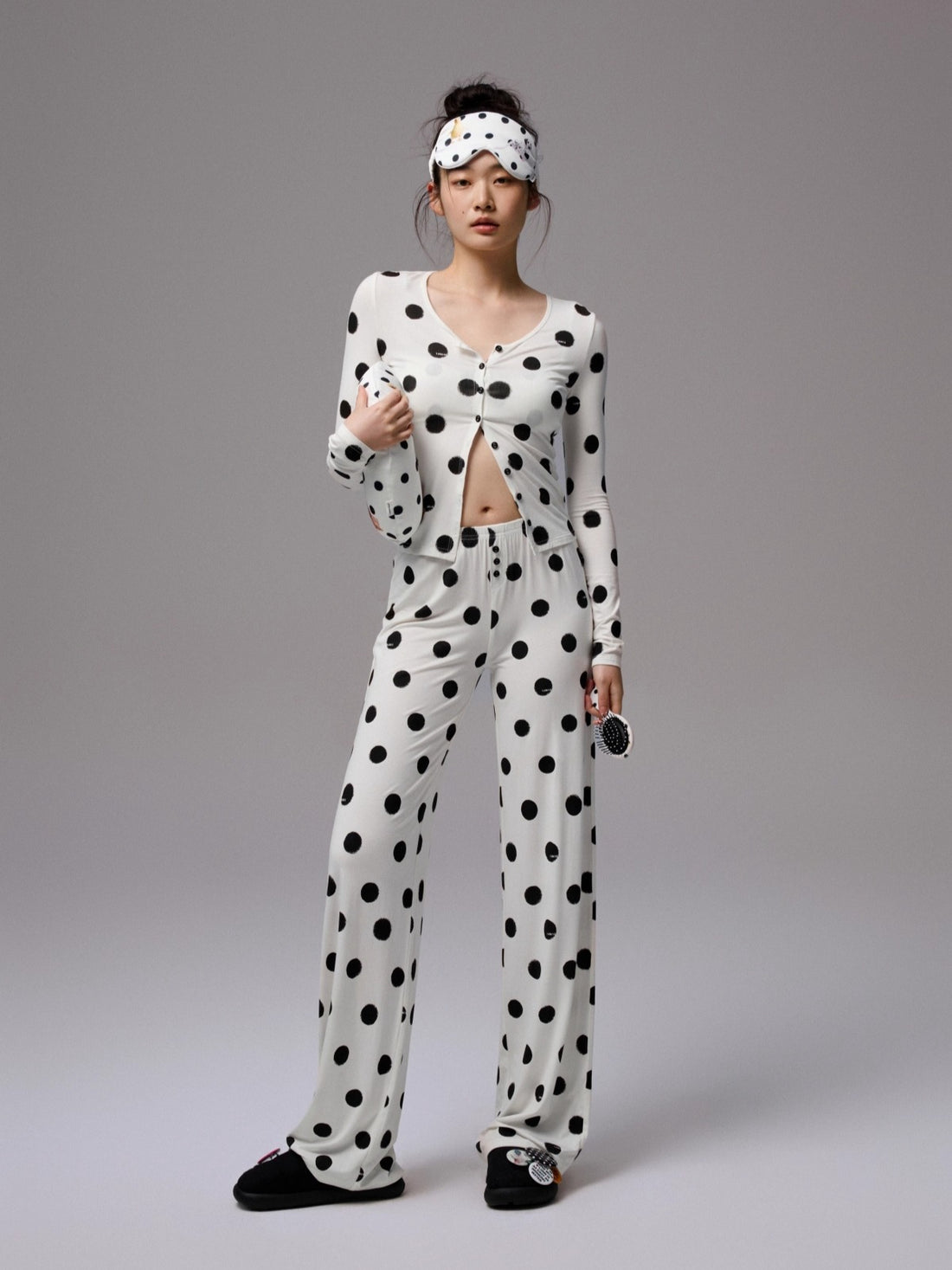 Polka Dot Contrast Knit Cardigan &amp; Lounge Pants Set