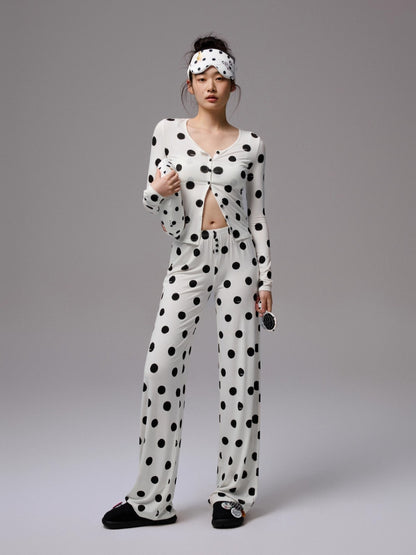 Polka Dot Contrast Knit Cardigan &amp; Lounge Pants Set