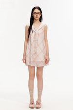 Pink Plaid Sleeveless Tie Neck Dress