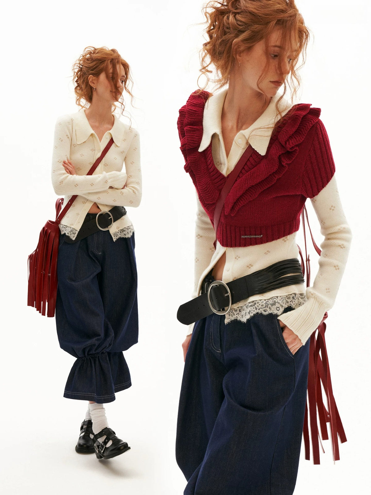 Soft Ruffle Trim V-Neck Cropped Knit Top