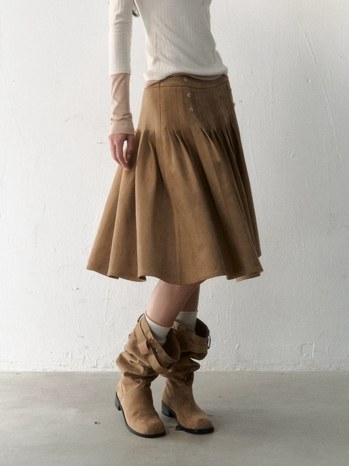 Side-Button Faux Suede Pleated Skirt