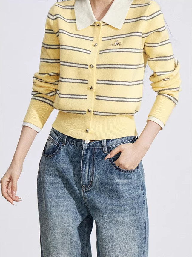 Yellow &amp; Gray Striped Polo Knit Top