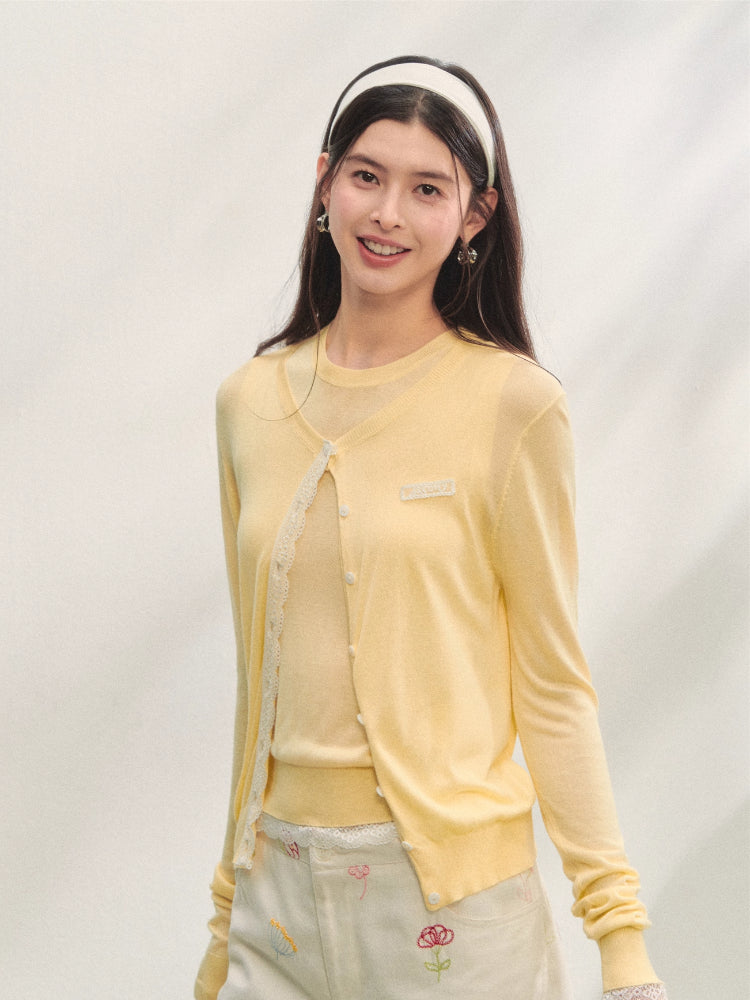 Lace Trimmed Crew Neck Knitted Cardigan Set