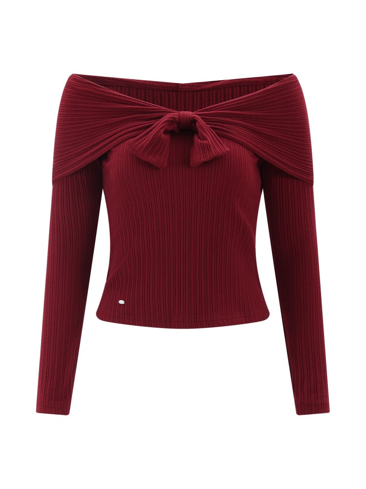 Red Off-Shoulder Bow Knit Top