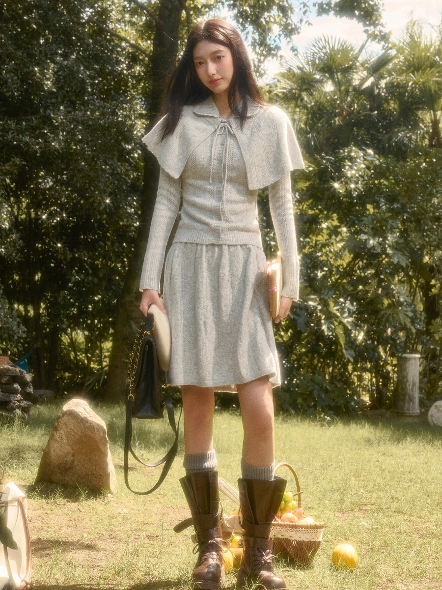 Snow Library Wool Knit Cape Cardigan &amp; Skirt Set