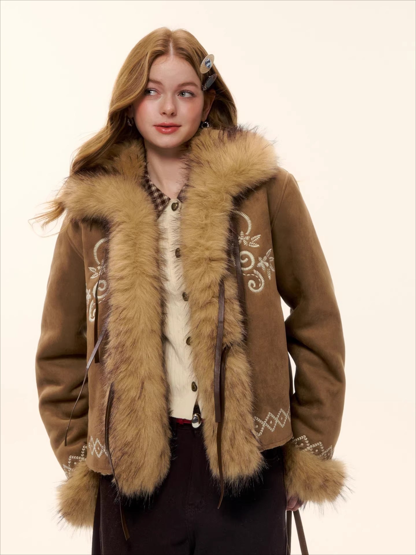Embroidered Faux Fur Trim Jacket
