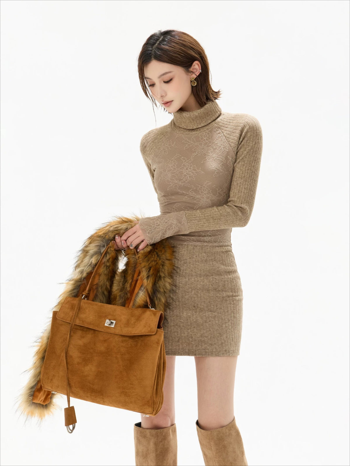 Camel Lace High Neck Knit Dress