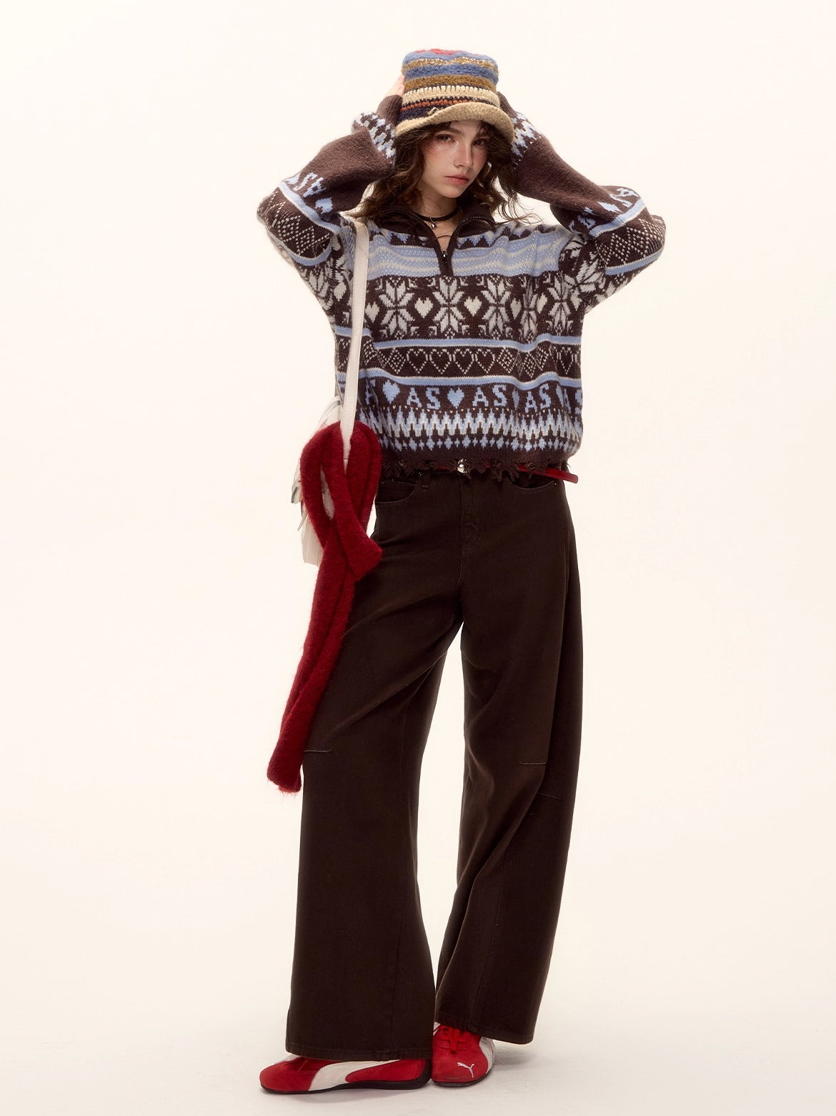 Belted Contrast Stitch Denim Pants