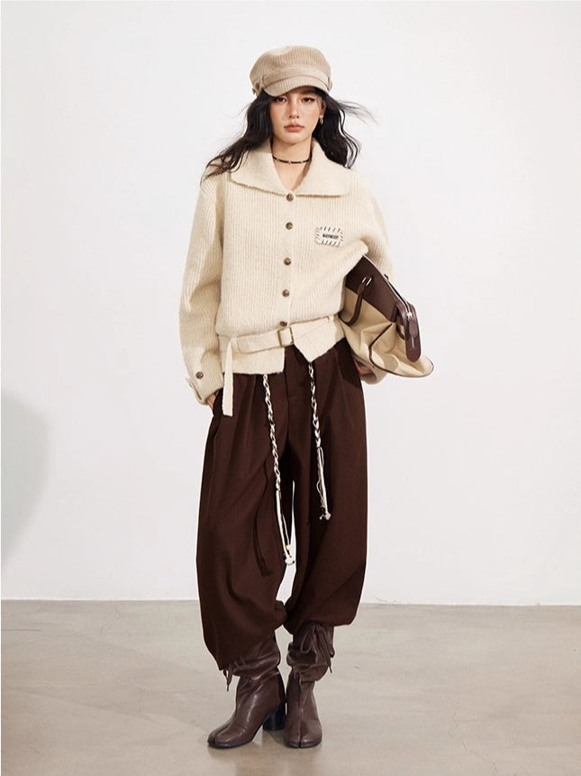 Collared Belted Knit Cardigan