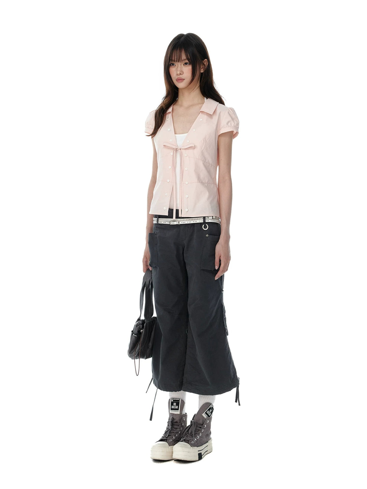 Tie Waist Puff Sleeve Short Blouse