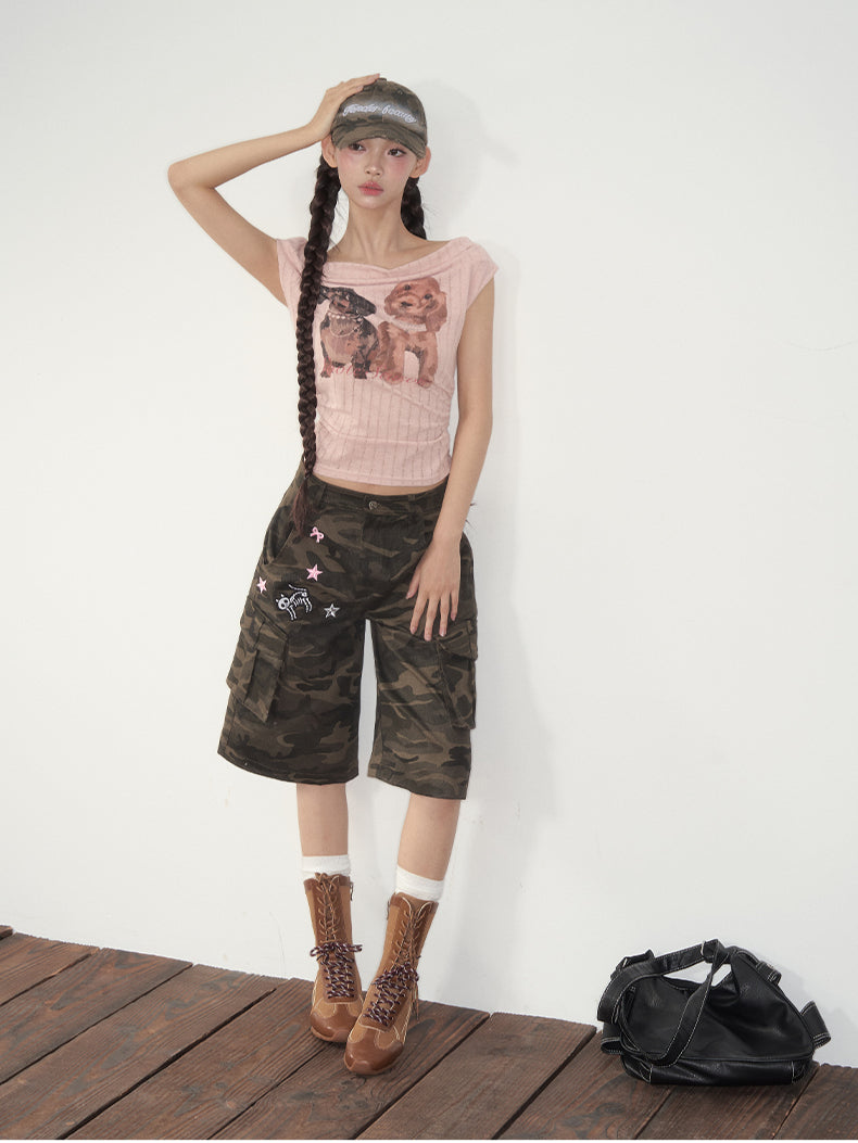 Puppy Print Off-Shoulder Tee
