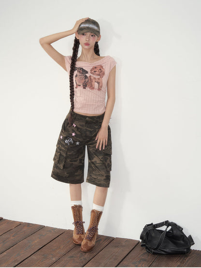 Puppy Print Off-Shoulder Tee