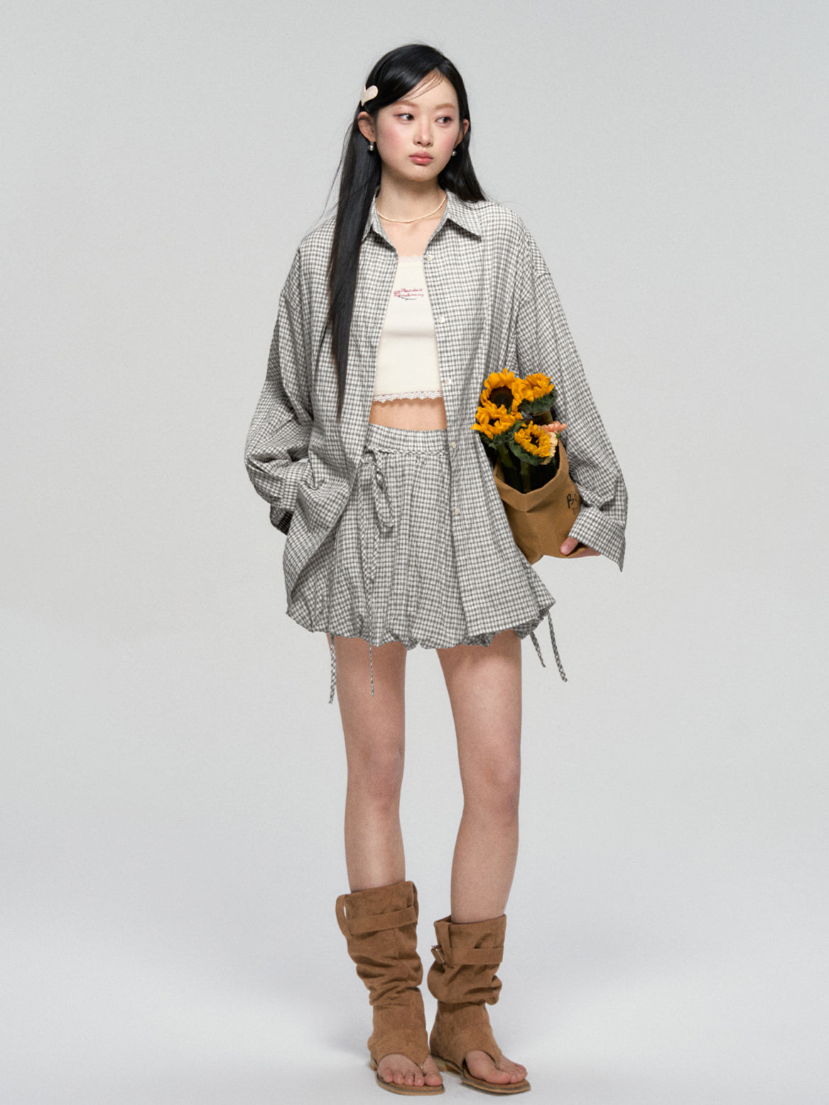Khaki &amp; Black Retro Check Shirt &amp; Skirt Set