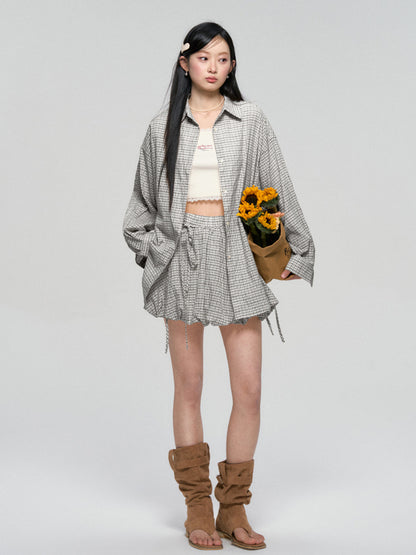 Khaki &amp; Black Retro Check Shirt &amp; Skirt Set
