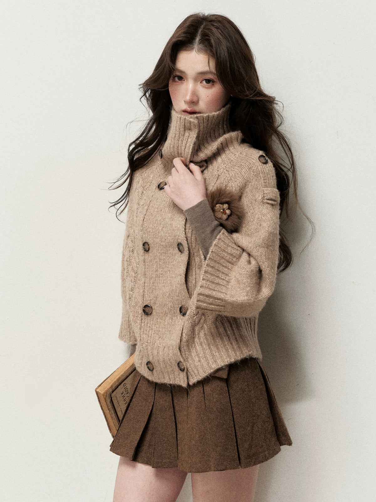 Double-Breasted Brooch Knit Cardigan