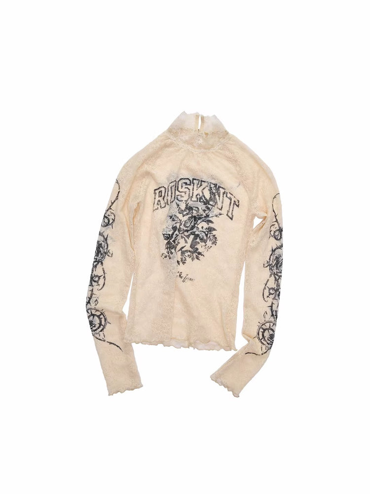 Rose Lace Print Mesh Top