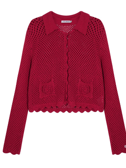 Hollow-out 3D Flower Crochet Lapel Cardigan