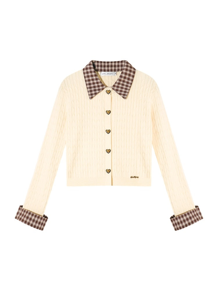 Plaid-Collar Cable Knit Top