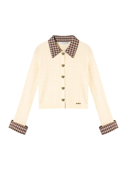 Plaid-Collar Cable Knit Top