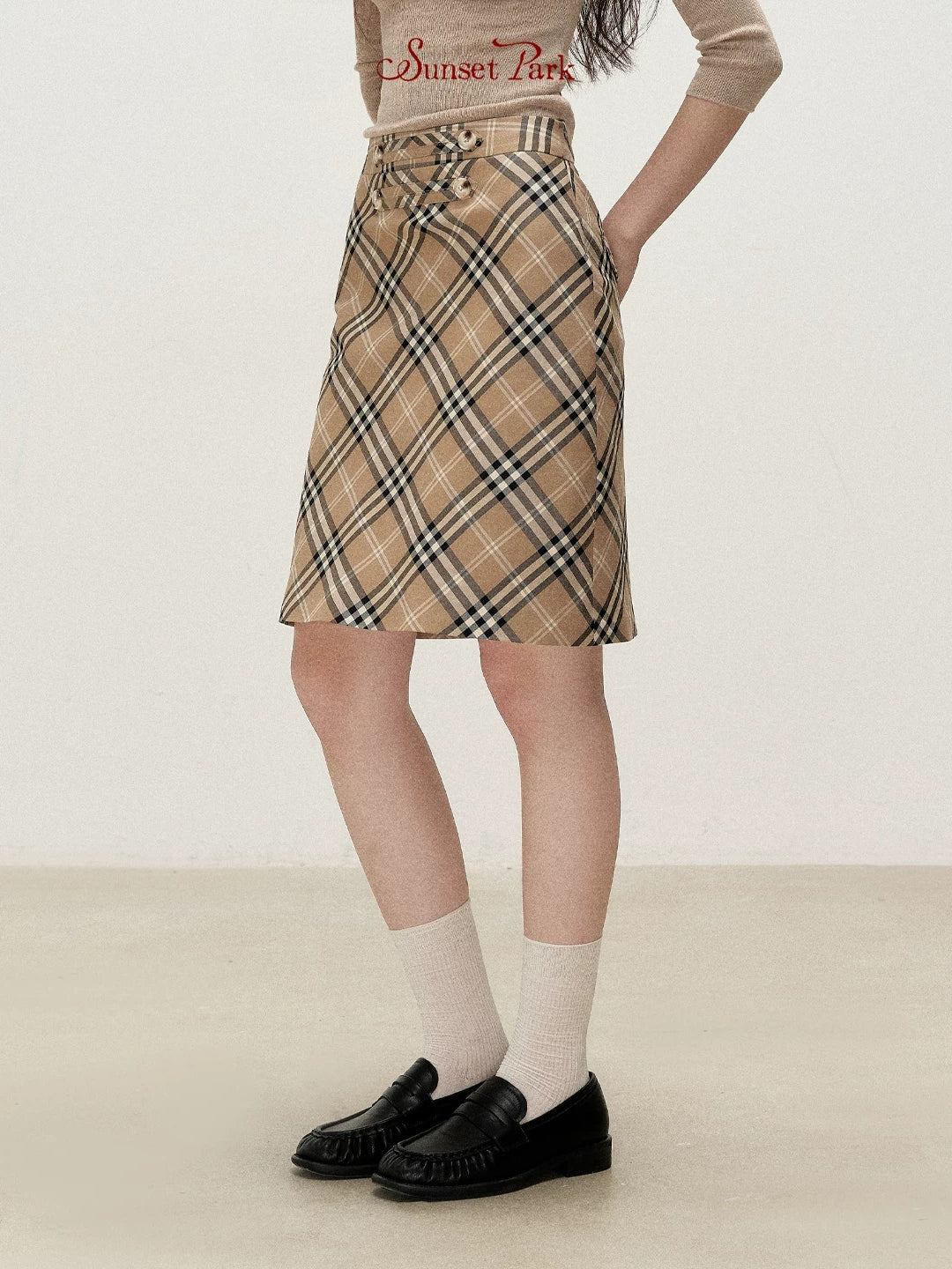 Brown Plaid Napoleon Midi Skirt