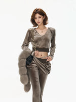 Velvet Hooded Cropped Flared Pants Set