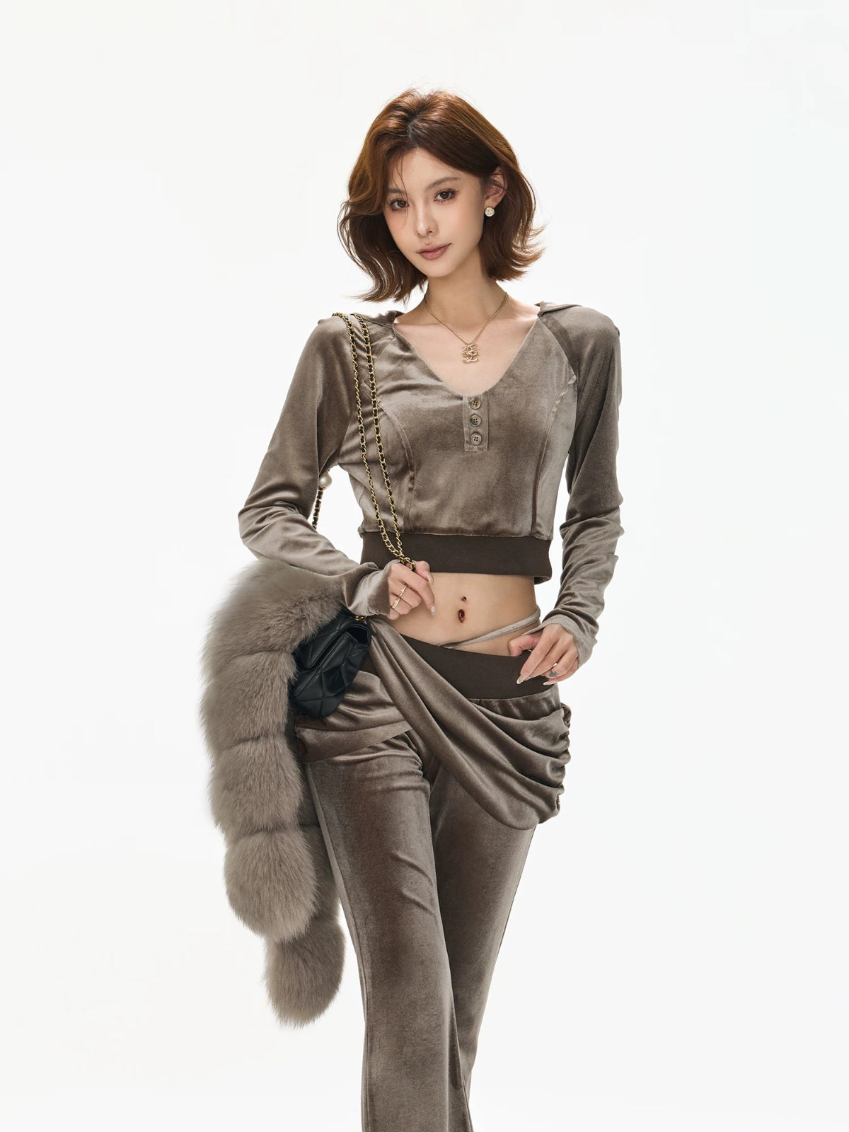Velvet Hooded Cropped Flared Pants Set