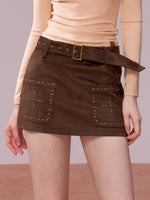Studded Belt Faux Suede A-Line Skirt