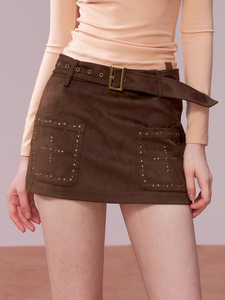 Studded Belt Faux Suede A-Line Skirt