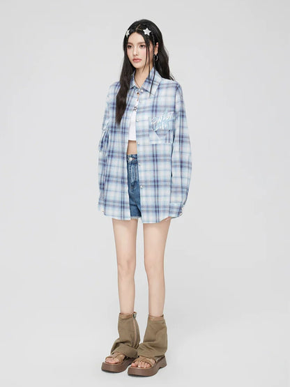 Blue Plaid Embroidered Sunscreen Shirt