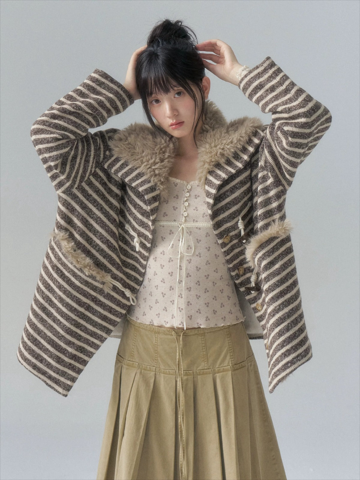 Striped Horn-Button Collar Coat