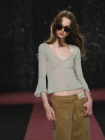 Semi-Sheer V-Neck Bell Sleeve Sweater