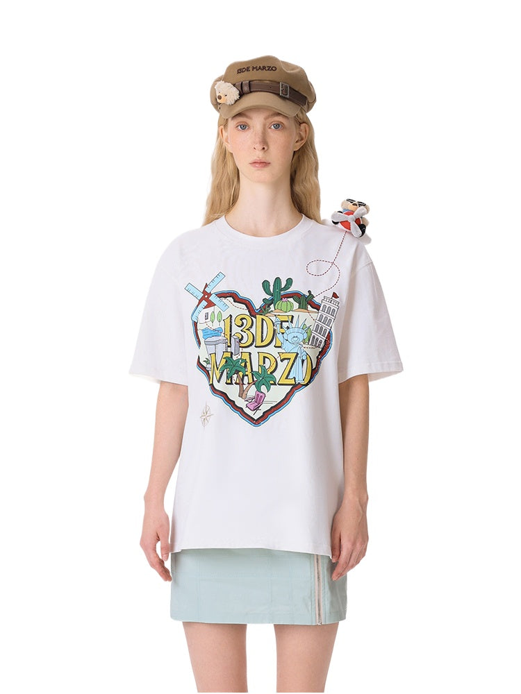 Map Illustration Crew Neck Short Sleeve T-shirt