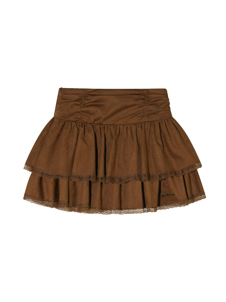 Suede Drawstring Lace Ruffle Mini Skirt