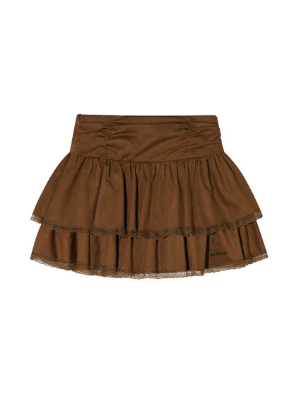 Suede Drawstring Lace Ruffle Mini Skirt